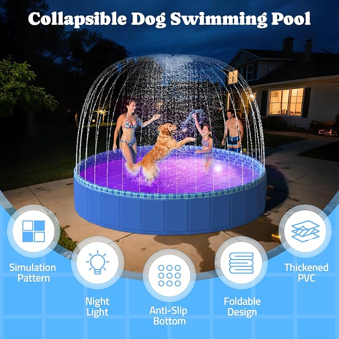 Foldable Dog Pool with Sprinkler RGB LED Light, 94" Collapsible Hard Plastic Kiddie Swimming Splash Pool for Small Medium Large Doggie Kitty Puppy, Pet Bathing Tub Wading Pool for Dogs Blue
