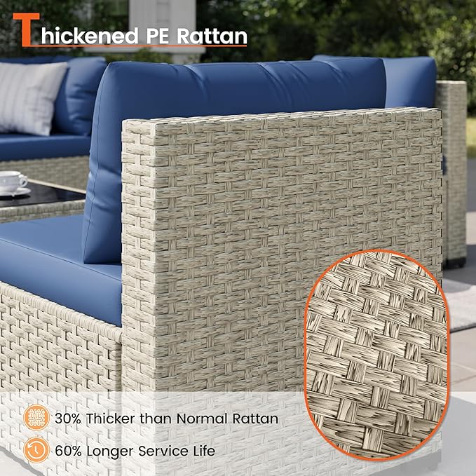 Patio Furniture Set, 7-Piece Outdoor Sectional All-Weather Wicker Patio Conversation Set for Backyard (Navy Blue Cushions with Grey Rattan)