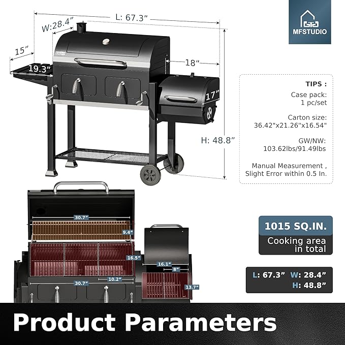 MFSTUDIO 49" 2 in 1 Charcoal Grill & Smoker Combo, Outdoor Grill with Enamel Coated Charcoal Tray, 1015 SQ.IN Cooking Area, Adjustable Top Vent and Chimney for Outdoor Grilling