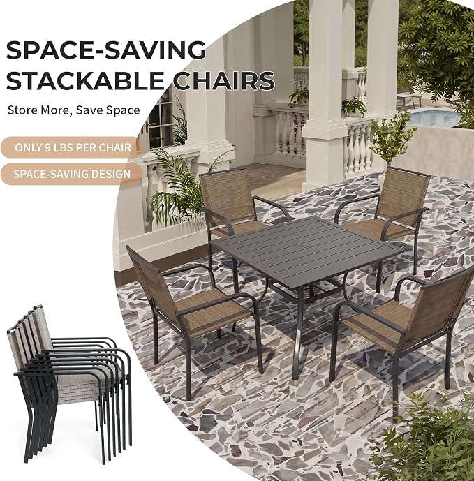 Anmutig 5 Piece Patio Dining Set, Outdoor Stackable Chairs and 35" Square Metal Patio Table with 1.57" Umbrella Hole for Garden Backyard Deck, Brown