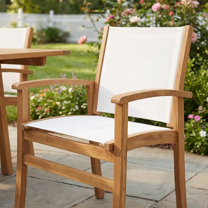 SUNSITT 5-Piece Outdoor Patio Dining Set, 55" - 71" Acacia Wood Expandable Table & 4 Breathable Textilene Mesh Chairs, All-Weather Patio Furniture w/Umbrella Hole for Backyard, Deck, Garden, White