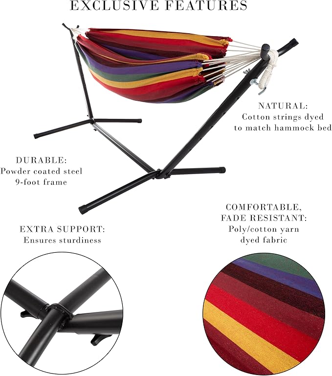 Double Brazilian Hammock with Stand Included ? Woven Cotton, 2-Person, Outdoor Swing with Frame for Camping, Backyard, or Patio by Pure Garden