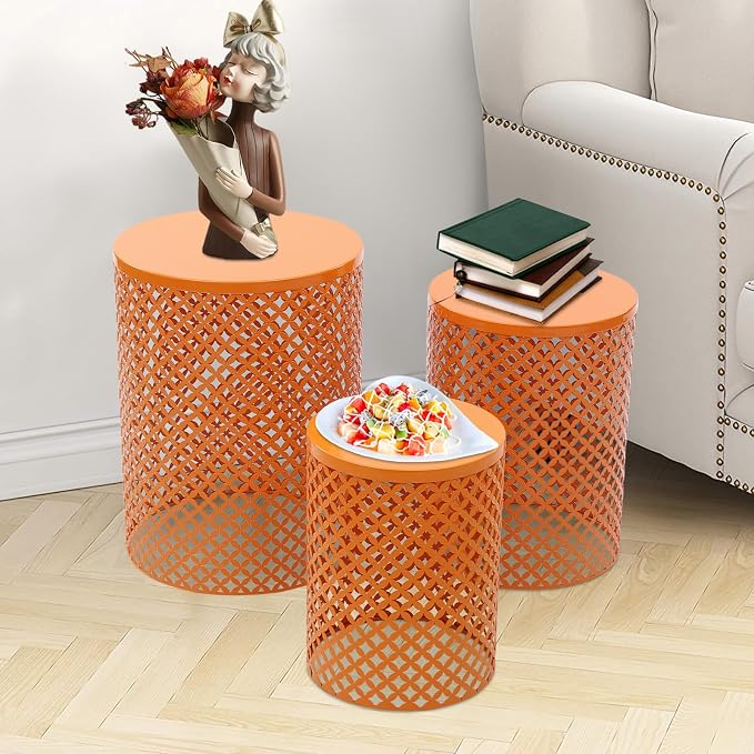 Cylindrical Outdoor Side Tables Set of 3, Metal Frame Accent Table End Table, Vintage Side Tables for Patio Gardens Balconies Cafes Parks (3, Orange)