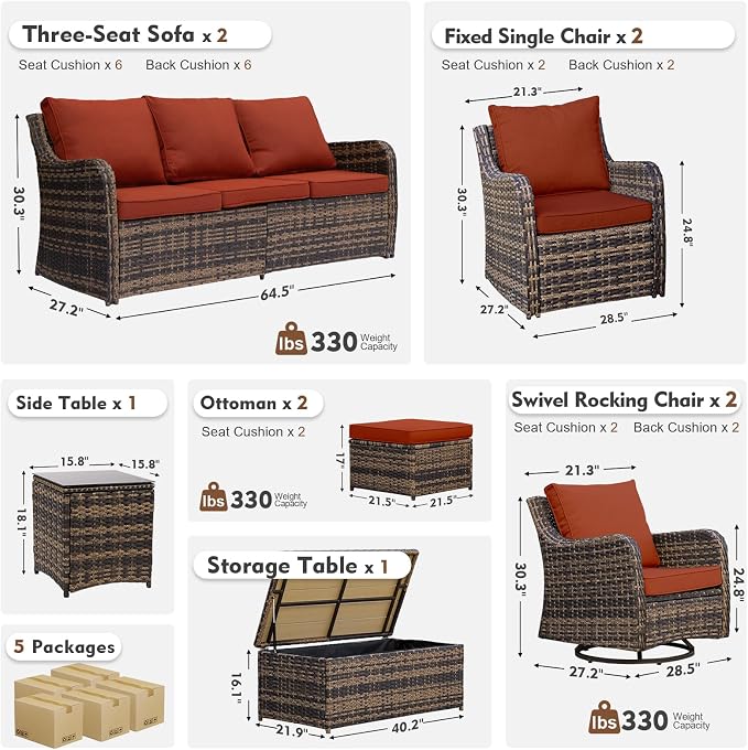 MEISSALIVVE Outdoor Patio Furniture Set with Swivel Chair, 10 Pieces Patio Conversation Set, Patio Sectional Furniture Set with 2 Three-seat Sofa, 2 Fixed Single Chair and Coffee Table (Red)