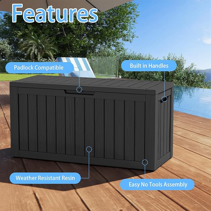 85 Gallon Outdoor Deck Box, Resin Waterproof Storage Box With Lockable Lid, UV-Resistant Multi-Purpose Outdoor Storage Bench for Patio Cushions, Garden Tools, Pool Accessories (Black)