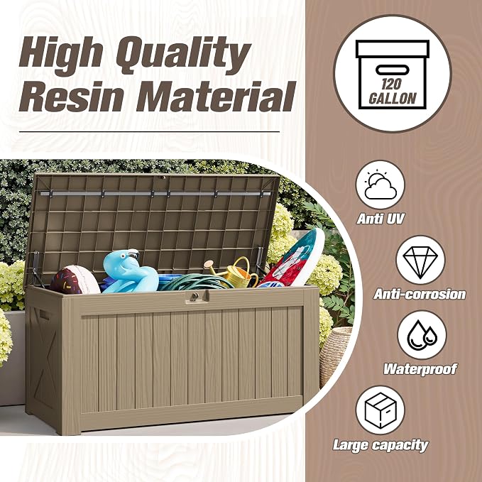 JUMMICO 120 Gallon Resin Deck Box, Large Outdoor Storage Box Waterproof & Lockable for Garden, Patio, Pools (Light Brown)