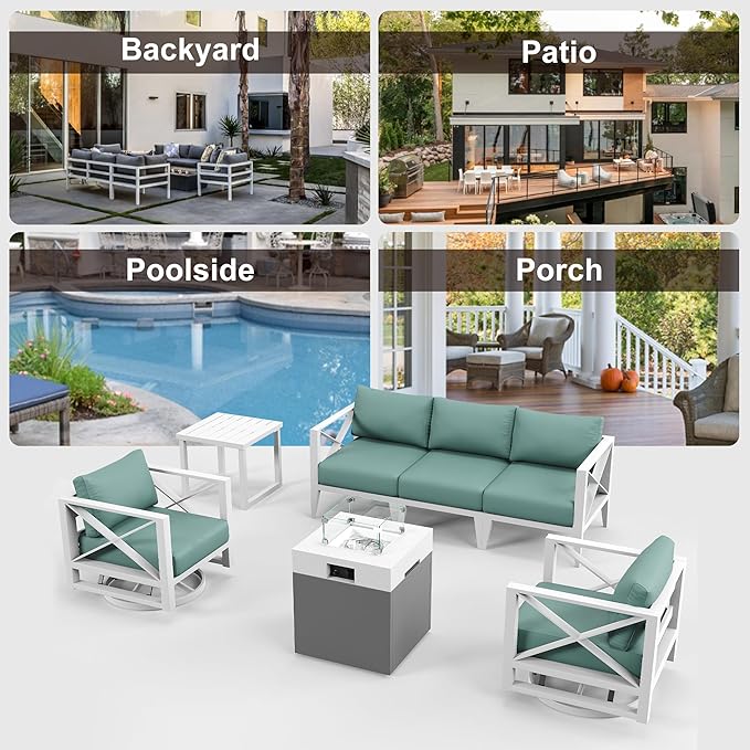 MBY Aluminum Patio Furniture Set with Fire Pit Table, 7-Piece All-Weather Outdoor Conversation Set with Swivel Rocking Chairs, Oversized Modern Sofa for Backyard,Deck,Balcony–White