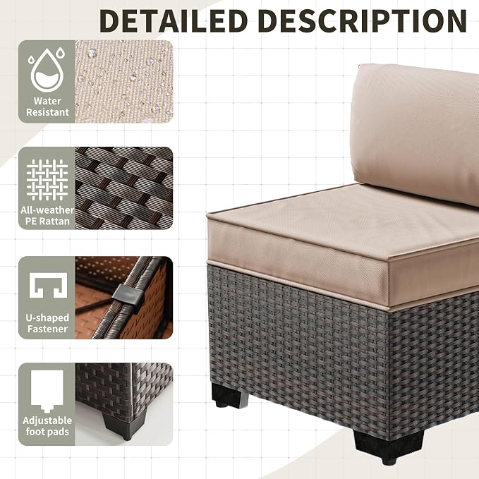 Gotland 15 Pieces Patio Furniture Set with Fire Pit Table, All Weather Rattan Outdoor Furniture with 29.5'' High Backrest 4’’ Thick Cushions Coffee Table, Patio Set for Porch, Deck, Backyard, Khaki