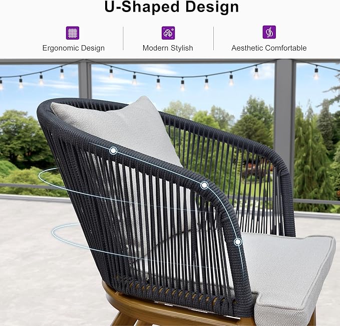 PURPLE LEAF 7 Pieces Patio Dining Set Wicker Outdoor Furniture Round Table and Chairs Set for Garden Deck Teak-Finish Aluminum Frame Backyard Kitchen Set, Cushions and Pillows Included