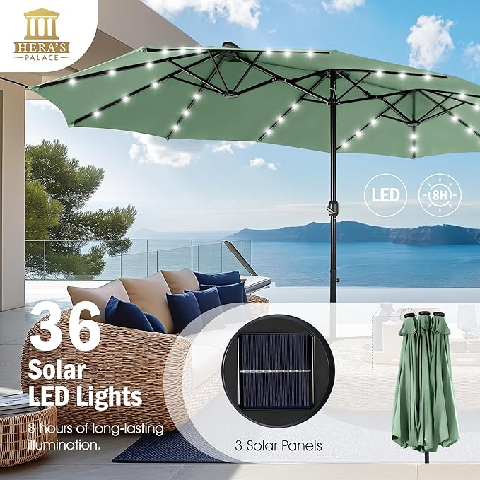 HERA'S PALACE 15ft Patio Umbrella with Base Included Double Sided Outdoor Umbrella for Patio Table Umbrella Outdoor 36 LED Solar Lights for Garden