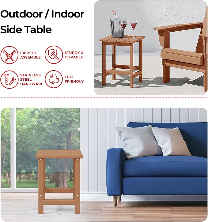 Costaelm Square Outdoor Side Tables, Adirondack Patio Tables for Outside, HDPE Patio End Table Weather Resistant, Balcony Table for Pool, Seaside, Backyard, Porch, Indoor Companion, Teak
