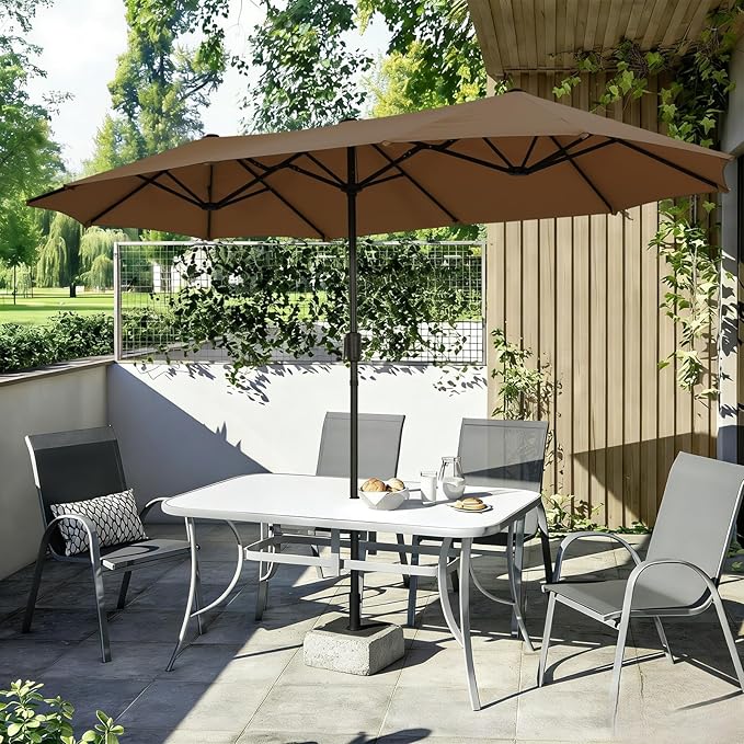 13 ft Patio Umbrella, Large Rectangle Outdoor Umbrella with Strap, Crank, Coffee