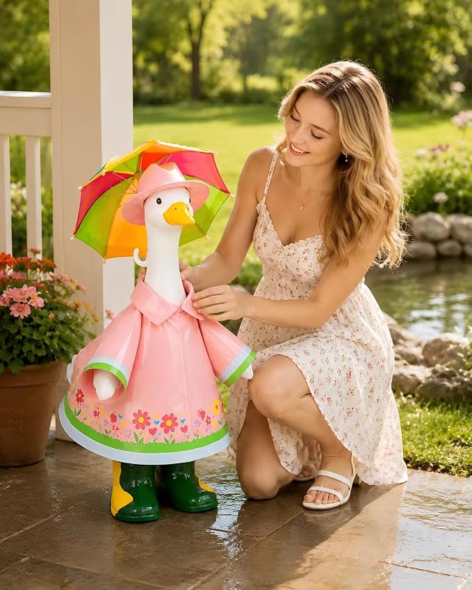 23 Inch Porch Goose Outfit, Raincoat Outfit with Umbrella Hat for Porch Goose Statue, Spring Summer Yard Decor,Yard Goose Outfit