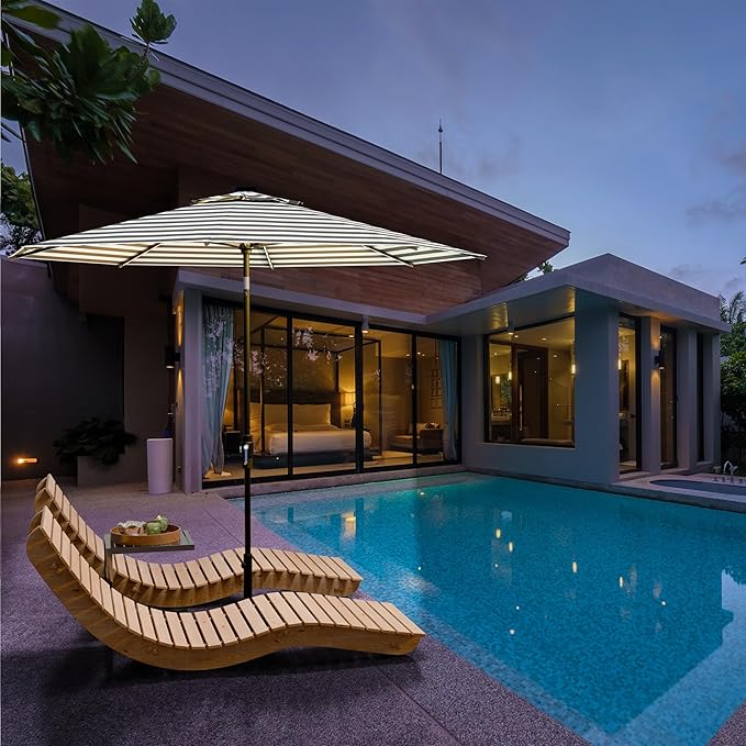 Midtown Umbrellas The LED Swilt 10 Feet Patio Umbrella With Terylast Matter Stripes (Grey/White) Polyester Fabric - Auto-Tilt Aluminum Frame w/LED Lights For Backyard, Deck, Garden, Pool - Black Pole