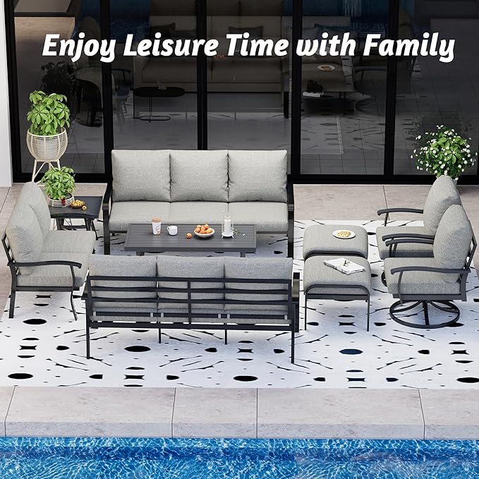 HOMREST 9 PCS Outdoor Patio Furniture Set with 2 Swivel Rocking Chairs and Metal Coffee Side Table, Patio Conversation Set with 2 Ottomans and 2 3-Seat Sofas, Loveseat for Big Garden, Deck, Poolside