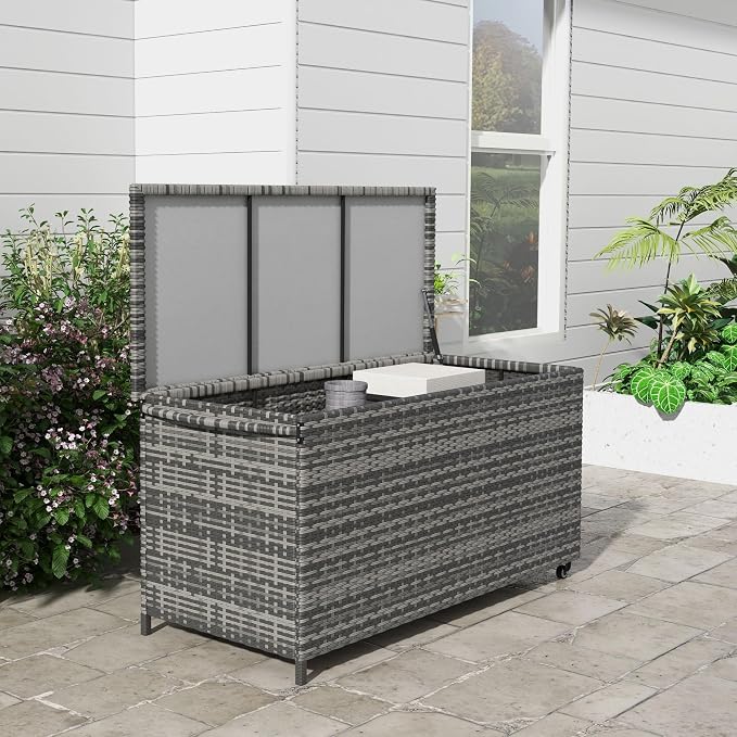 83 Gallon Deck Box, Large Outdoor Storage Chest, PE Wicker Trunk for Outside on Wheels for Tools, Pool Supplies Patio Furniture Cushions, Gray