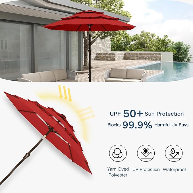 10FT Patio Umbrella 3 Tiers Outdoor Market Umbrella w/Push Button Tilt, Crank, UV and Waterproof Table Umbrella for Garden, Pool, Backyard, Deck, Lawn, Red
