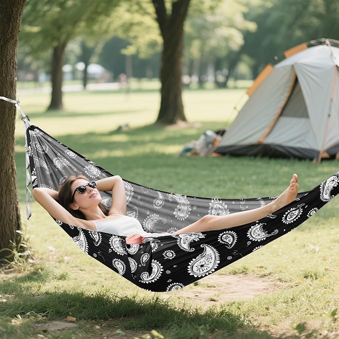 Camping Hammock Outdoor Hammocks for Outside Paisley Black Beach Trees Portable Lightweight with Pockets Tree Straps Indoor
