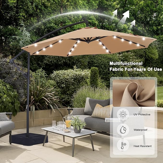 ABCCANOPY 10 FT LED Patio Umbrellas Cantilever Umbrella with base, 360° Rotation Outdoor Lighted Offset Umbrella Bonus Fix Frame & Weights Bag for Backyard, Deck, Poolside (Khaki)