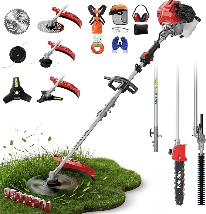5-in-1 Gas Weed Wacker 52CC 2-Stroke – String Trimmer/Edger, Pole Saw, Hedge Trimmer & Brush Cutter with Extension Pole – Gas Powered Yard Tool for Landscaping (GT5110)