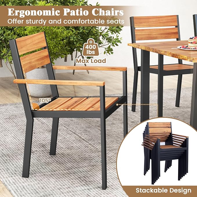 RELAX4LIFE 7-Piece Outdoor Dining Set - 63’’ Rectangular Acacia Wood Table w/6 Stackable Chairs & Metal Frame, Patio Furniture Set with Umbrella Hole for Garden Porch, Patio Table and Chairs Set for 6