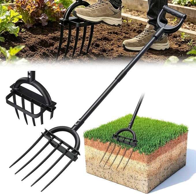 Broadfork Garden Tool, 51IN Pitch Fork for Gardening 5-Tine Heavy Duty Garden Fork with Ergonomic D-Grip Handle for Digging Loosening Soil Cultivating Weeding Composting