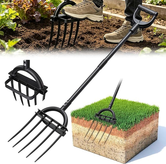 Broadfork Garden Tool, 51IN Pitch Fork for Gardening 5-Tine Heavy Duty Garden Fork with Ergonomic D-Grip Handle for Digging Loosening Soil Cultivating Weeding Composting