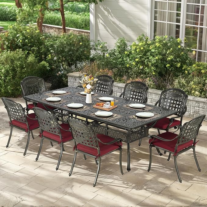 MEETWARM 9-Piece Outdoor Patio Dining Set for 8, All Weather Cast Aluminum Patio Funiture Table and Chairs Set- 94.5” Rectangular Table and 8 Cushioned Chairs for Garden, 2" Umbrella Hole, Chili Red
