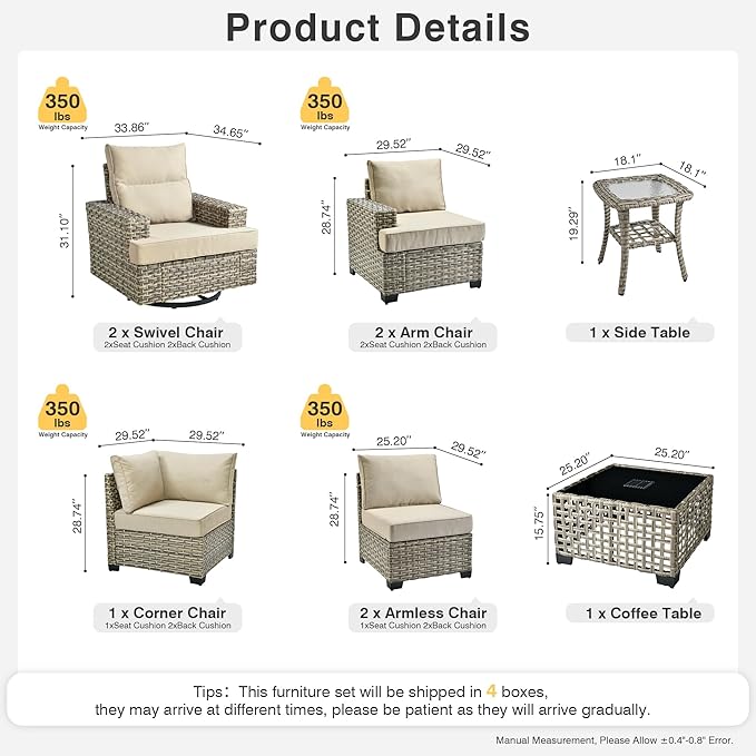 Weaxty 9 Pieces Patio Furniture Set, Outdoor Sectional Furniture Sofa Set w/Swivel Rocking Chairs Coffee Table, PE Wicker Modular Couch Conversation Set for Backyard Garden,Beige