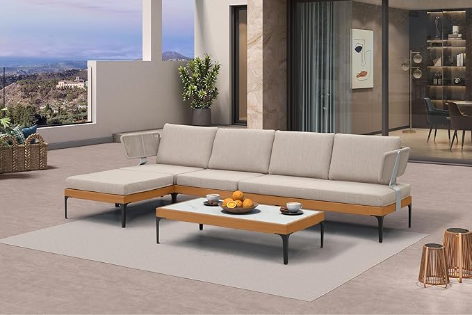 PURPLE LEAF Patio Furniture Set Outdoor Sectional Sofa with Coffee Table Cushions and Pillows Wicker L-Shaped 6 Pieces Aluminum Conversation Sets with Ottoman for Balcony Yard Poolside, Oatmeal Greige