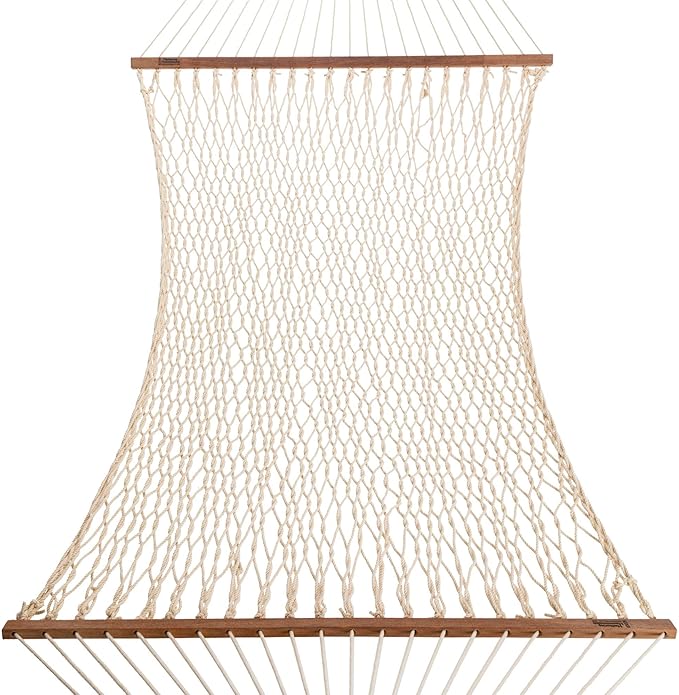 Hatteras Hammocks Large Oatmeal DuraCord Rope Hammock – 13 ft. x 55 in., 2-Person, 450 lb Capacity, Cumaru Spreader Bar, Zinc-Plated Hardware – Handcrafted in The USA