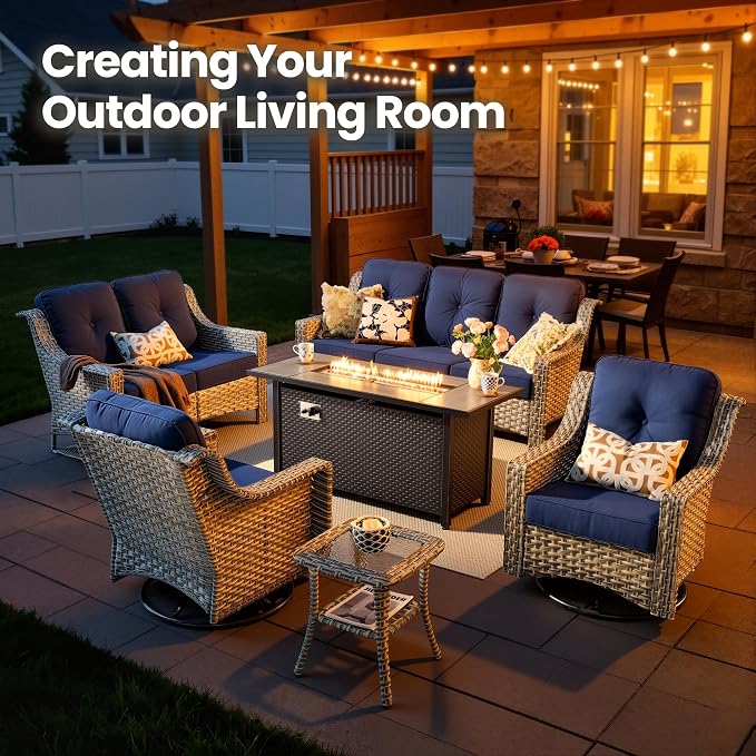 6 Piece Patio Furniture Set with Fire Pit Table, Conversation Sets with High Back Swivel Rocker Chairs, Outdoor Wicker Sofa Loveseat with Comfy Cushion for Backyard Deck Garden, Navy Blue