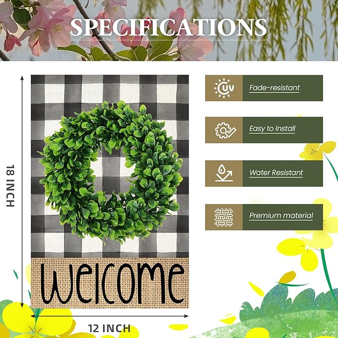 Welcome Summer Garden Flag for Outside,Buffalo Plaid Boxwood Wreath Small Yard Flag, Spring Seasonal Decors for Outdoor Farmhouse Holiday 12x18 Double Sided