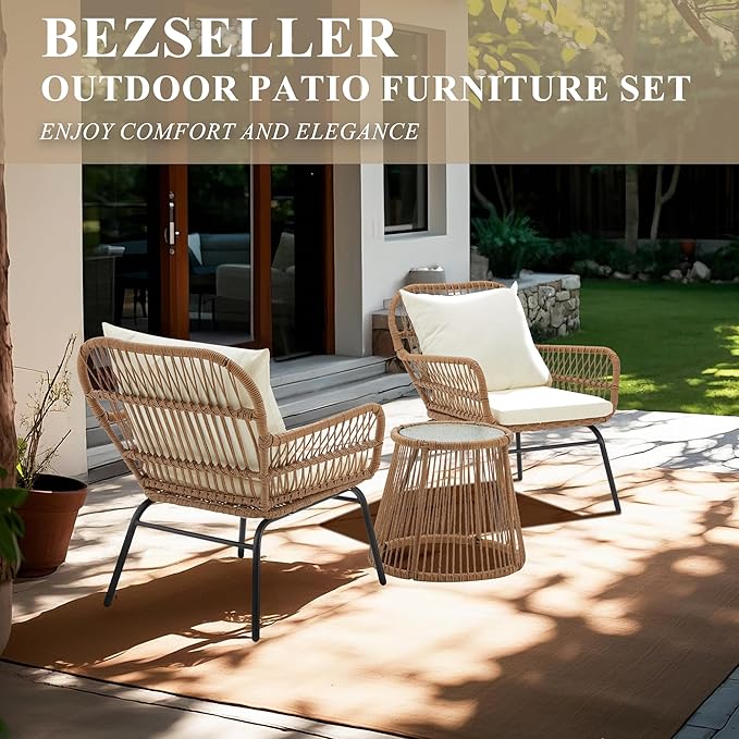 Bezseller 3-Piece Outdoor Patio Furniture Set - Modern Boho Furniture 20" Wide Seating w/ 2" Thick Cushions, 14.2" Seat Height - for Gardens, Balcony & Apartments
