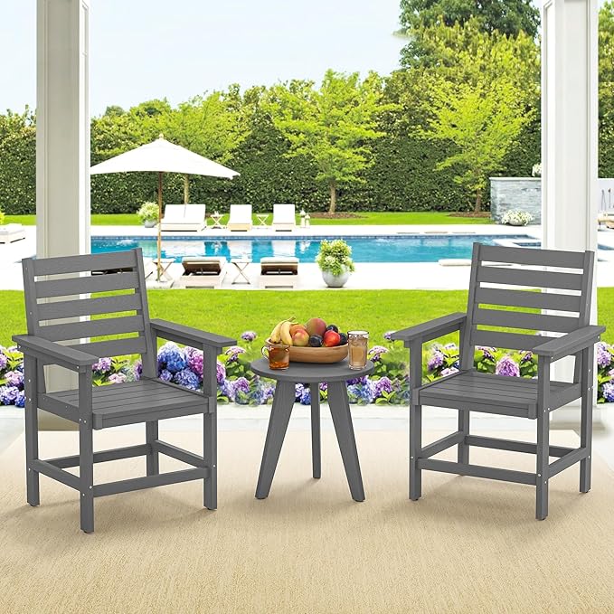 Patio Dining Chairs Set of 2, HDPS Weather Resistant Outdoor Chairs with Armrest, Heavy Duty 300LBS Support Patio Chairs for Backyard Deck Porch Balcony, Gray