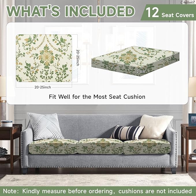 CALBODE 12 Pcs Stretch Outdoor Seat Cushion Covers, Washable Chair Seat Cover for Patio Furniture Cushions Soft Indoor and Outdoor Couch Cover Replacement (Green Vines, Cover Only)