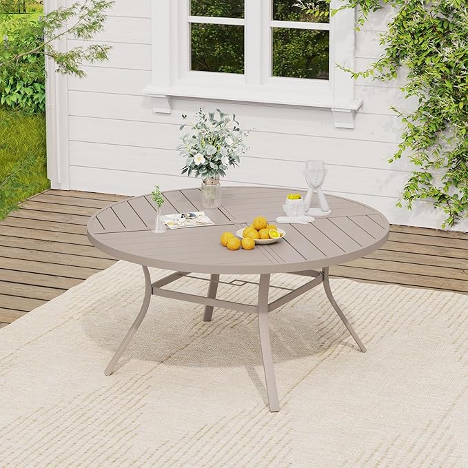 VICLLAX Outdoor Table and Chairs Set for 6, Patio Dining Set of 50 Metal Round Patio Table with Umbrella Hole & 6 Swivel Outdoor Dining Chairs for Backyard Lawn, Sandshell