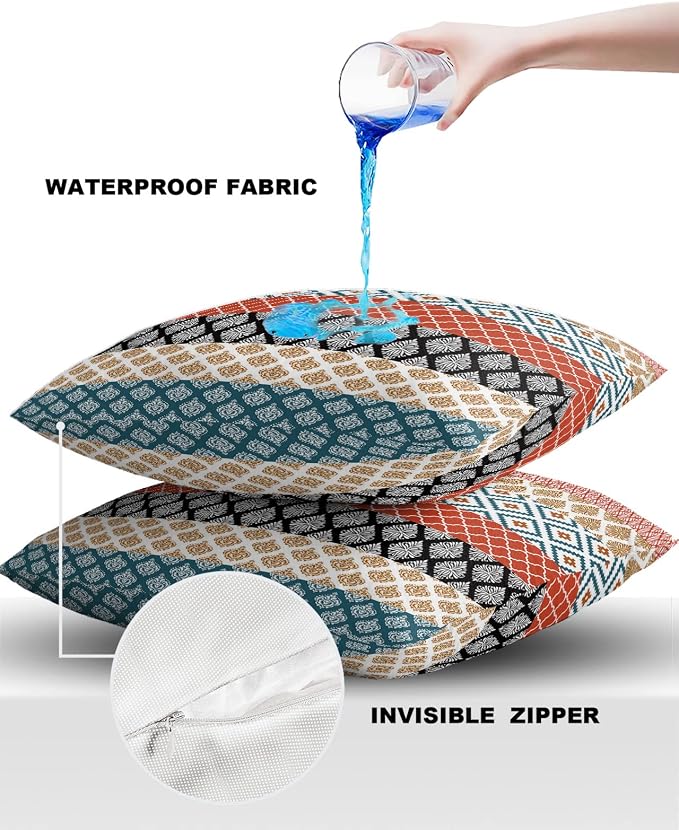 Outdoor Waterproof Throw Pillow Covers Boho Stripe Tribal Vingtage Lumbar Pillowcases Bohemian Style Pattern Decorative Pillows Cushion Case Patio Pillows for Couch Bed Garden 24 x 24 Inches