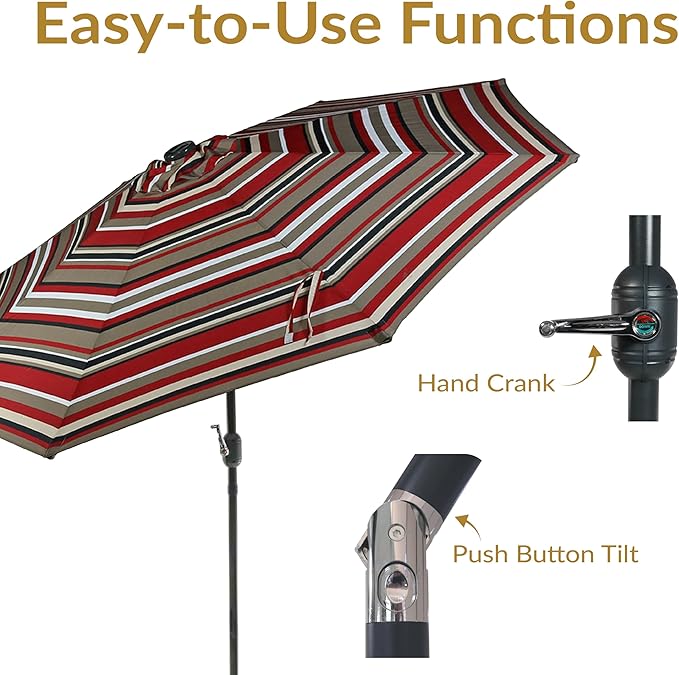 Sunnydaze 9 ft Striped Patio Umbrella with Solar Lights - Polyester LED Table Market Umbrella with Tilt and Crank - Awning Stripe