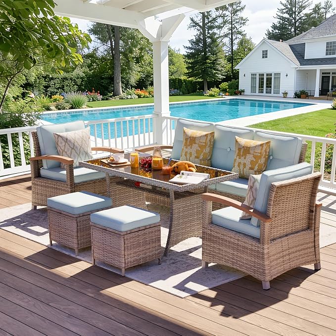 MEISSALIVVE 6 Pieces Patio Furniture Sets, PE Wicker Outdoor Conversation Sets with 2 Wood Armrests Single Chairs, 2 Ottomans and Dining Table (Blue)