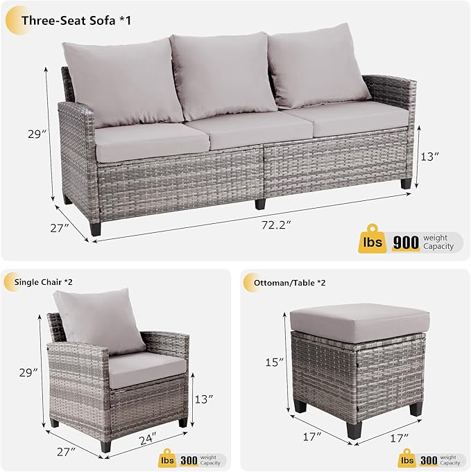 FHFO 5 Pieces Outdoor Patio Furniture Set, Wicker Sectional Sofa Patio Conversation Set Couch with Ottomans Rattan Chair and Table for Garden, Yard,Grey-Grey