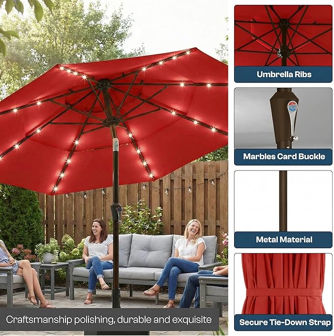 10ft 3-Tier Patio Umbrella with 32 Solar Powered LED Lights, Windproof Outdoor Market Umbrella for Deck, Poolside & Garden, Sturdy Push-Button Tilt Table Umbrella, Red
