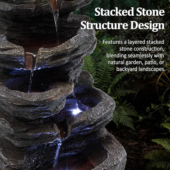 19.7" Tall Outdoor Water Fountain, 5 Tier Cascading Bowls and Stacked Water Fountain with LED Lights, for Yard Décor, Backyard, Patio and Deck (19.7'')