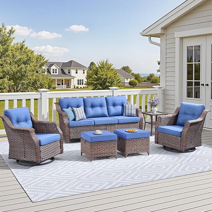 Outdoor Swivel Rocking Chair Set (6-Piece), Rocking Chair with Sofa and Coffee Table Set, Crafted from PE Rattan with an Elegant Side Table, Ideal for Gardens and Patios, Brown/Blue