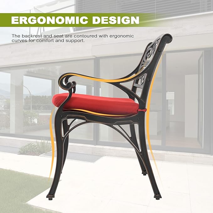 NUU GARDEN 5 Piece Outdoor Patio Dining Set, 42" Cast Aluminum, Round Patio Dining Table with 2.24" Umbrella Hole and Patio Dining Chairs with Cushions for Garden, Balcony, Bronze and Red