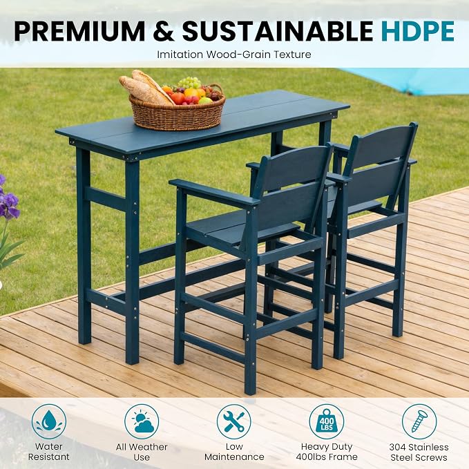 Outdoor Bar Table Set 3 Piece, HDPE Patio Bar Height Furniture Set with 2 Chairs, Small Space Patio Furniture, Weather Resistant Balcony Bistro Set for Garden, Deck, Porch, Deep Blue
