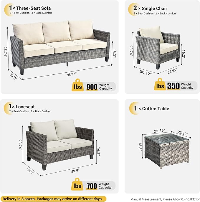 ovios 5 Pieces Patio Furniture Set, Outdoor Wicker Rattan Sofa Couch with Loveseat, Chairs, Glass Coffee Table, Conversation Sets for Yard Porch Garden, Beige
