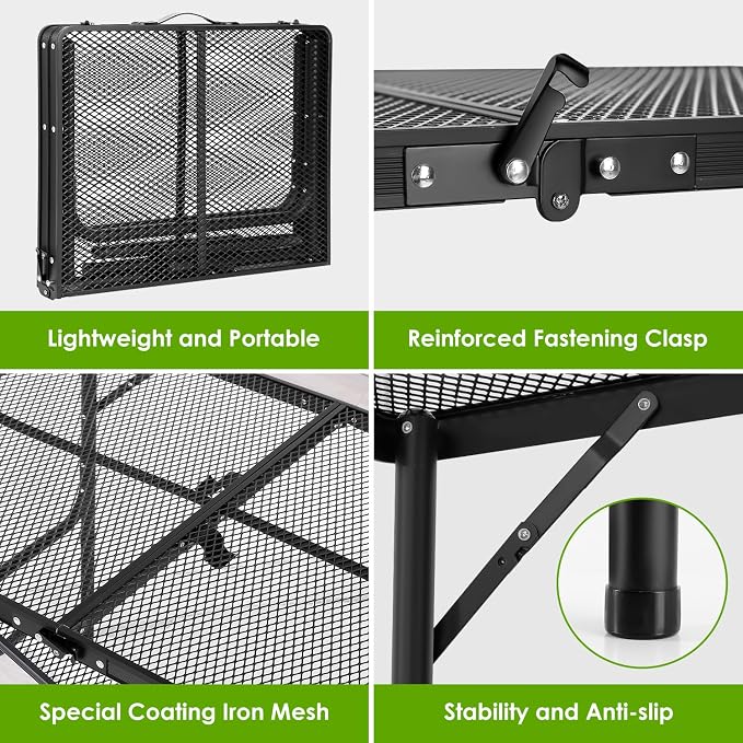 Large Folding Grill Table Portable for Outside Camping 3×2 ft, Oversized Foldable Table 27 Inch Height Adjustable Outdoor for BBQ Barbecue Picnic Lightweight Aluminum Alloy Multipurpose (Mesh Desktop)