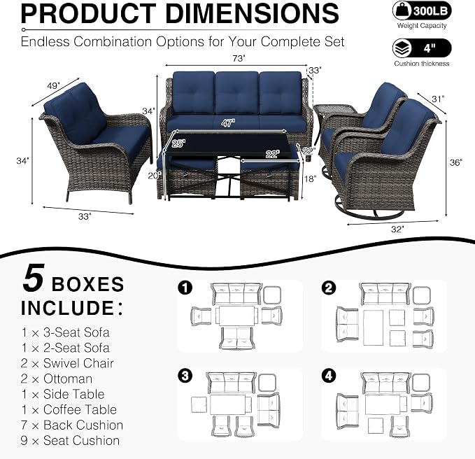Joyside 8 Piece Wicker Patio Furniture Set, Outdoor Swivel Rocker Patio Chairs with High Back, Deep Seating, Wide Armrest, Thickened Cushions, Outdoor Furniture for Deck, Porch Use