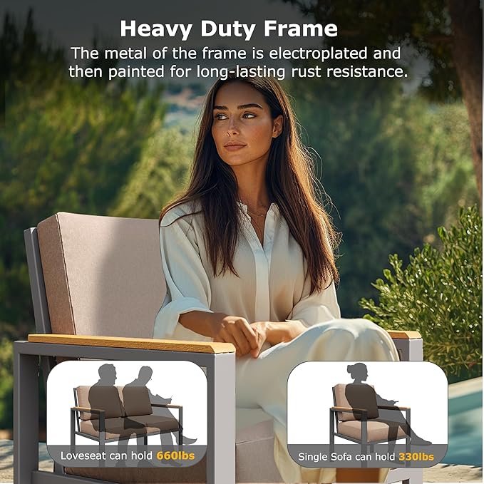 4-Piece Outdoor Patio Furniture Set, Metal Conversation Sofa Set with Deep Cushions & Wood-Like Armrests, Modern Patio Seating with Coffee Table for Garden, Porch, Balcony, Backyard (Brown)